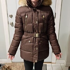 Michael Kors Brown Puffer Jacket with Fur Hood